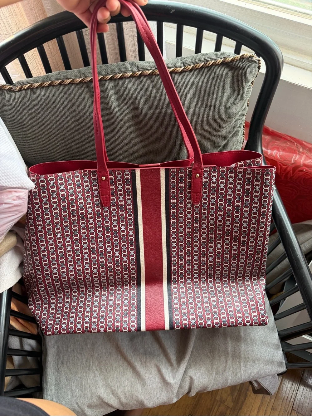 Tory Burch Red Patterned Tote with Center Stripe Accent